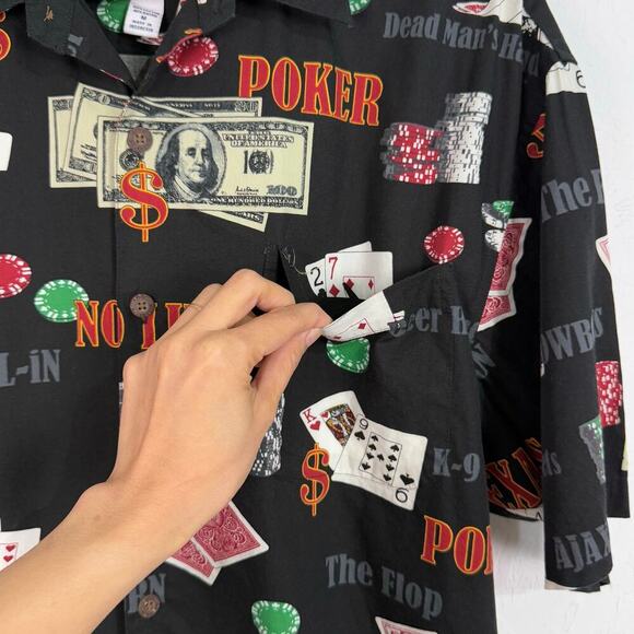 AFTCO Bluewater S/S Button Shirt Men Medium Black Money Poker Dollar AOP Novelty - Picture 2 of 8